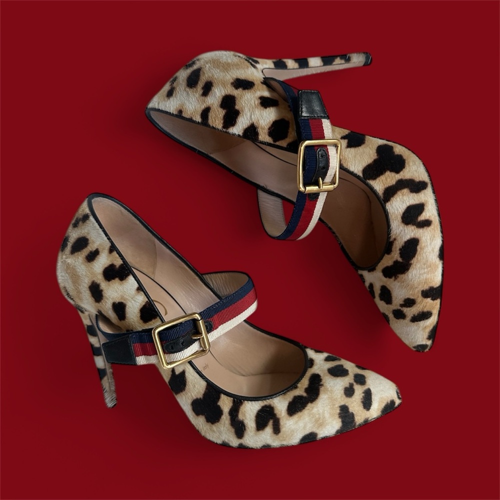 Gucci Animal Print Heels with Red and Blue Accent